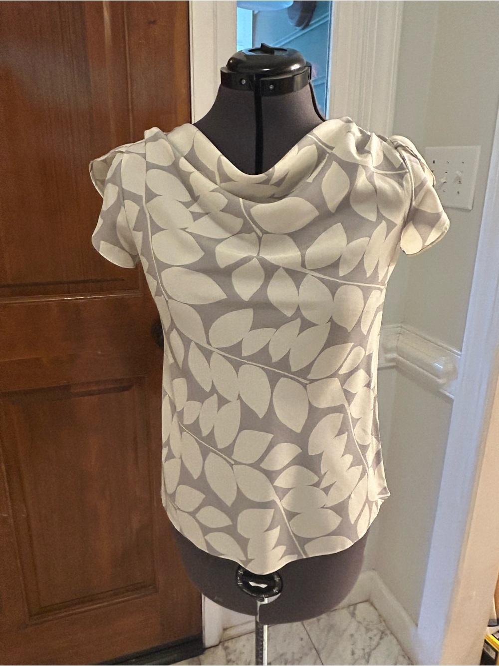 Banana Republic Factory Cowl Neck Leaf Print Top - Light Gray & Cream